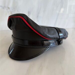 Men's Black Leather Cap with Red Trim